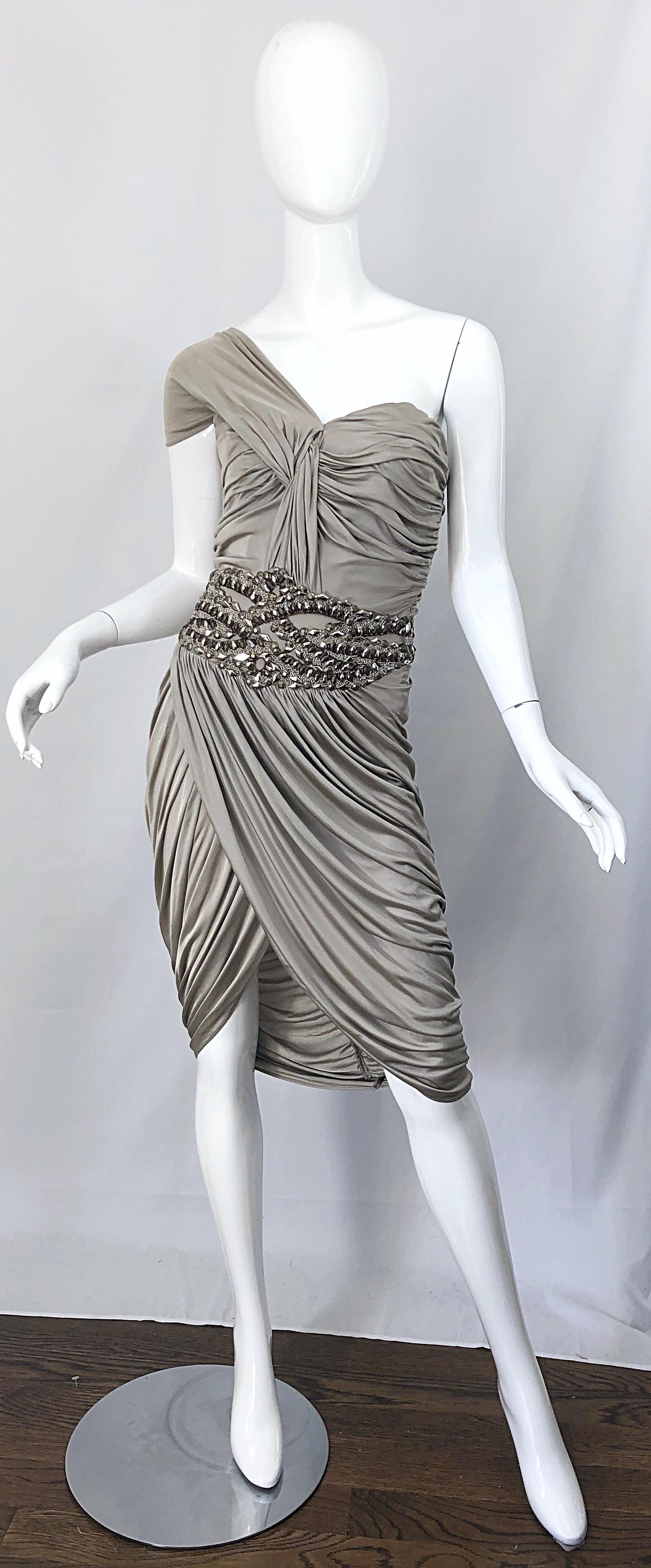 Stunning early / mid 2000s ZUHAIR MURAD Couture one shoulder beige / taupe beaded Grecian silk jersey cocktail dress! Features flattering Grecian inspired drapes throughout. Thousands of beads, sequins and rhinestone's hand-sewn on the front and