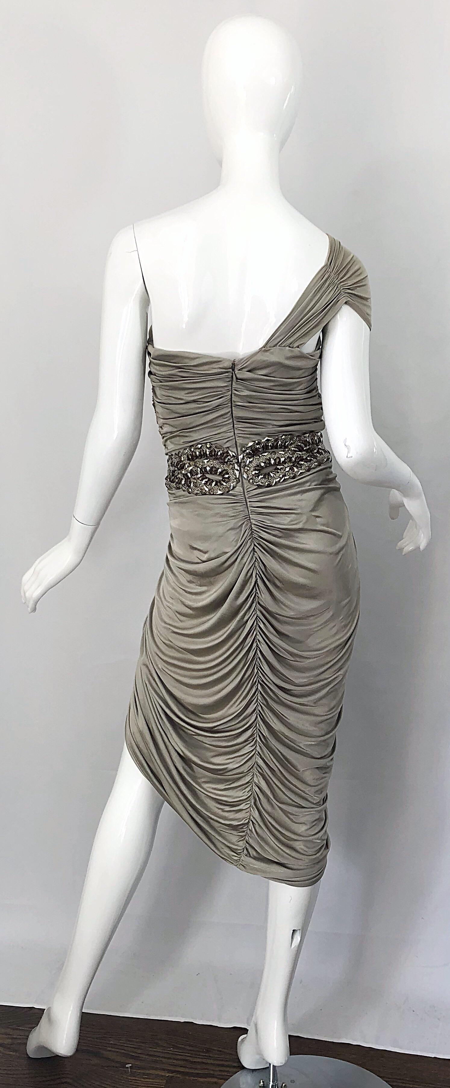 Women's Zuhair Murad Couture 2000s Beige Taupe Beade One Shoulder Grecian Cocktail Dress