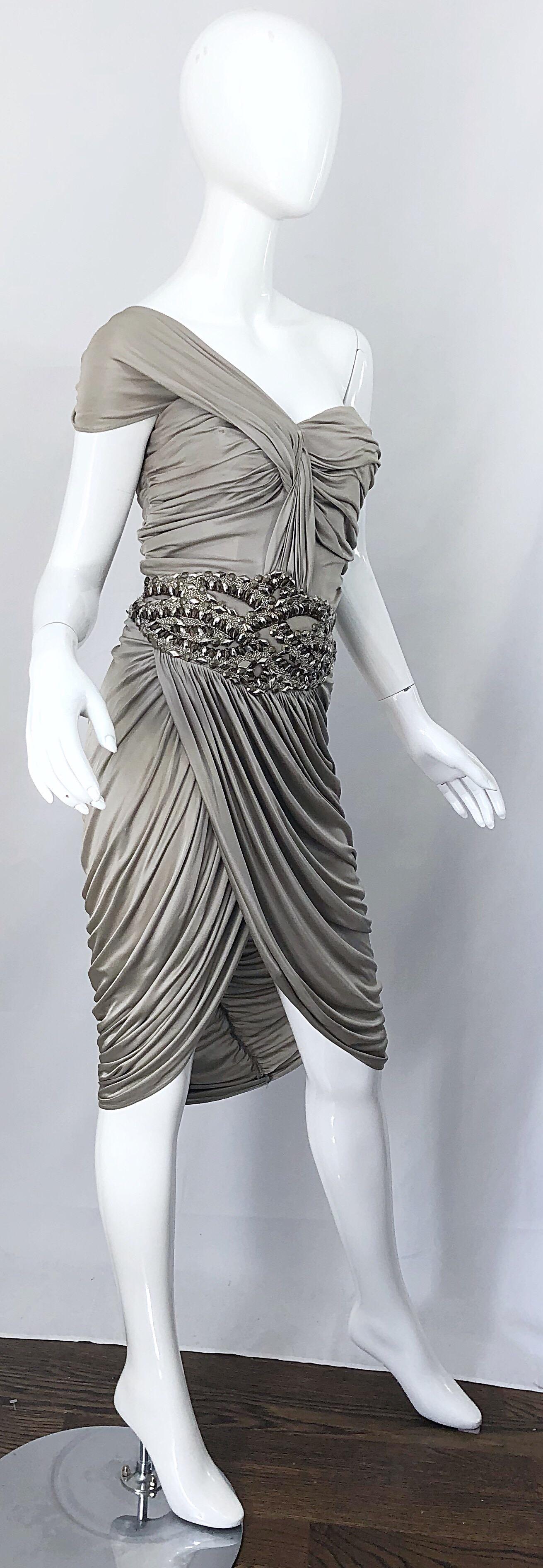 Zuhair Murad Couture 2000s Beige Taupe Beade One Shoulder Grecian Cocktail Dress 1