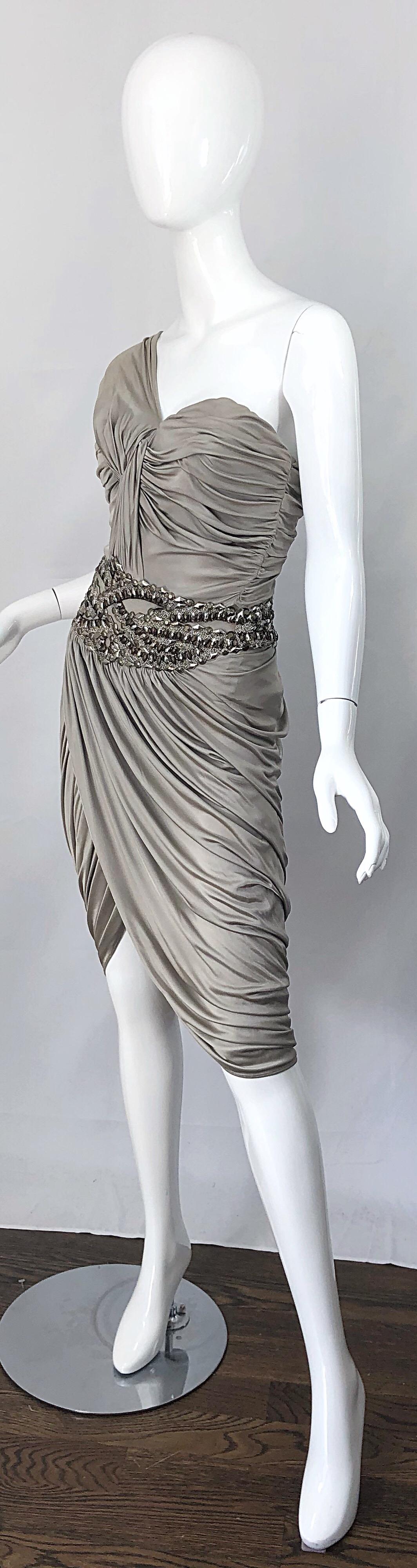 Zuhair Murad Couture 2000s Beige Taupe Beade One Shoulder Grecian Cocktail Dress 2