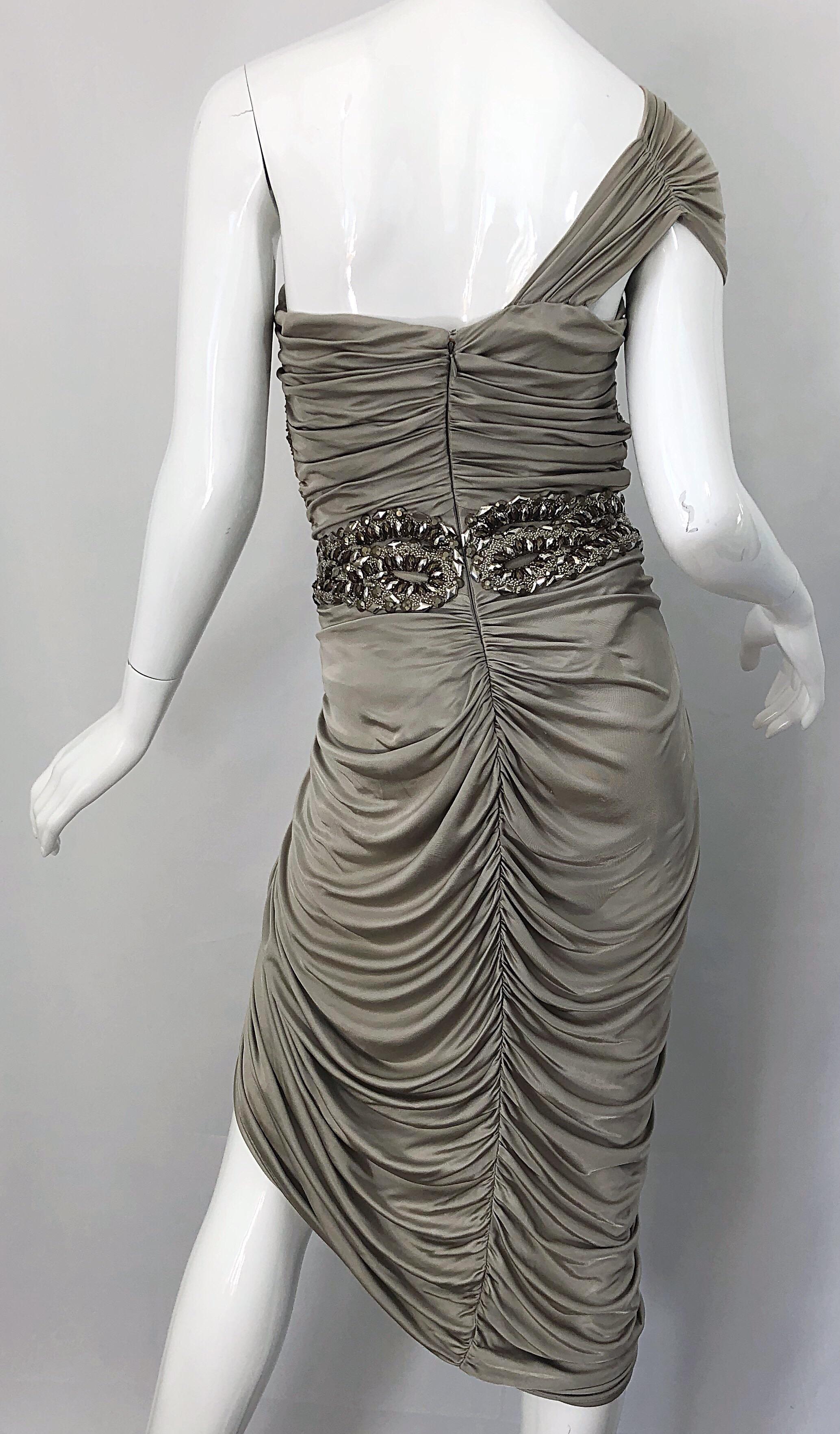 Zuhair Murad Couture 2000s Beige Taupe Beade One Shoulder Grecian Cocktail Dress 3