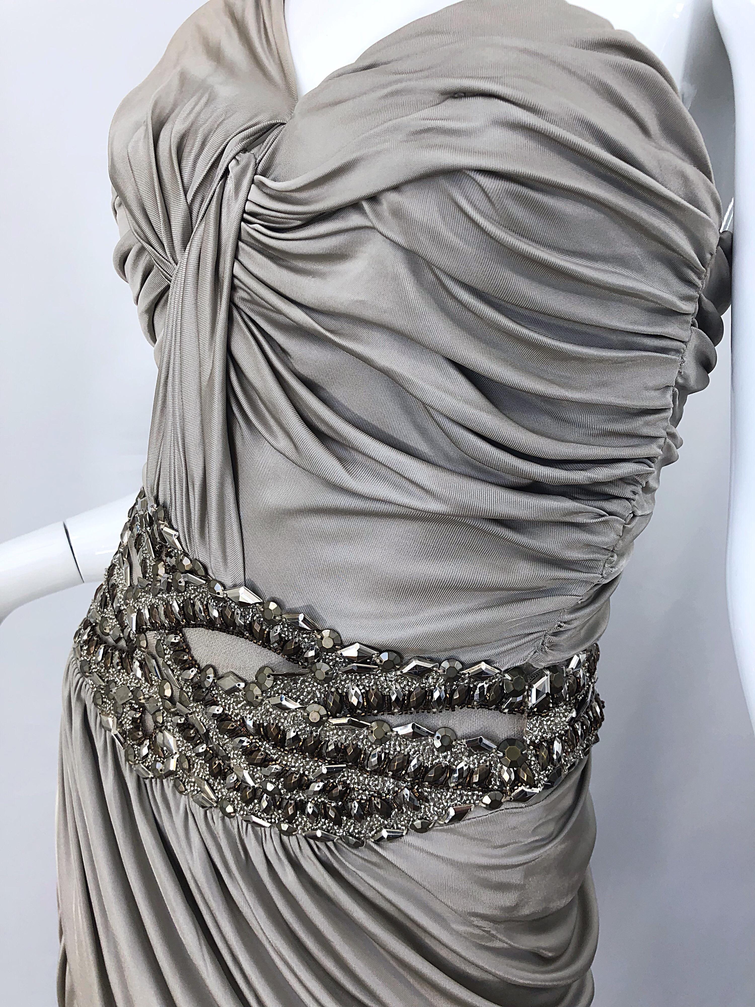 Zuhair Murad Couture 2000s Beige Taupe Beade One Shoulder Grecian Cocktail Dress 4