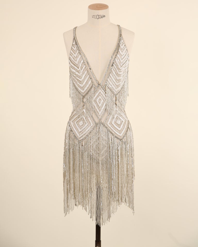 Zuhair Murad Couture White Silver Gold Beaded Sequin Mini Wedding Backless Dress