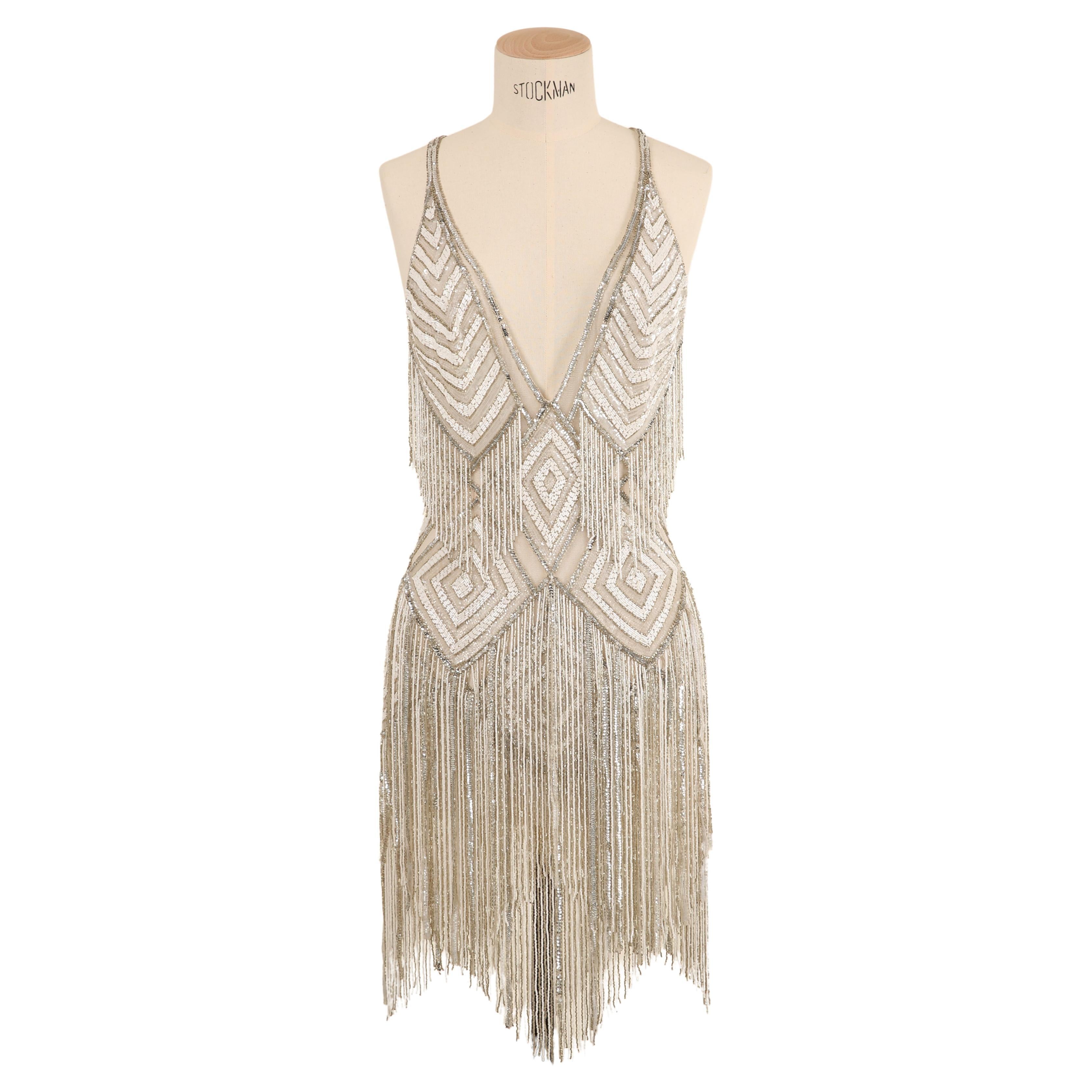 Zuhair Murad Couture mini robe de mariée dos nu à sequins perlés blancs argentés en vente