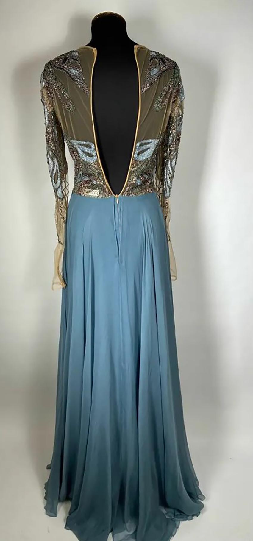 ZUHAIR MURAD EMBELLISHED BLUE CHIFFON LONG GOWN DRESS Sz IT 38 In Good Condition In Montgomery, TX