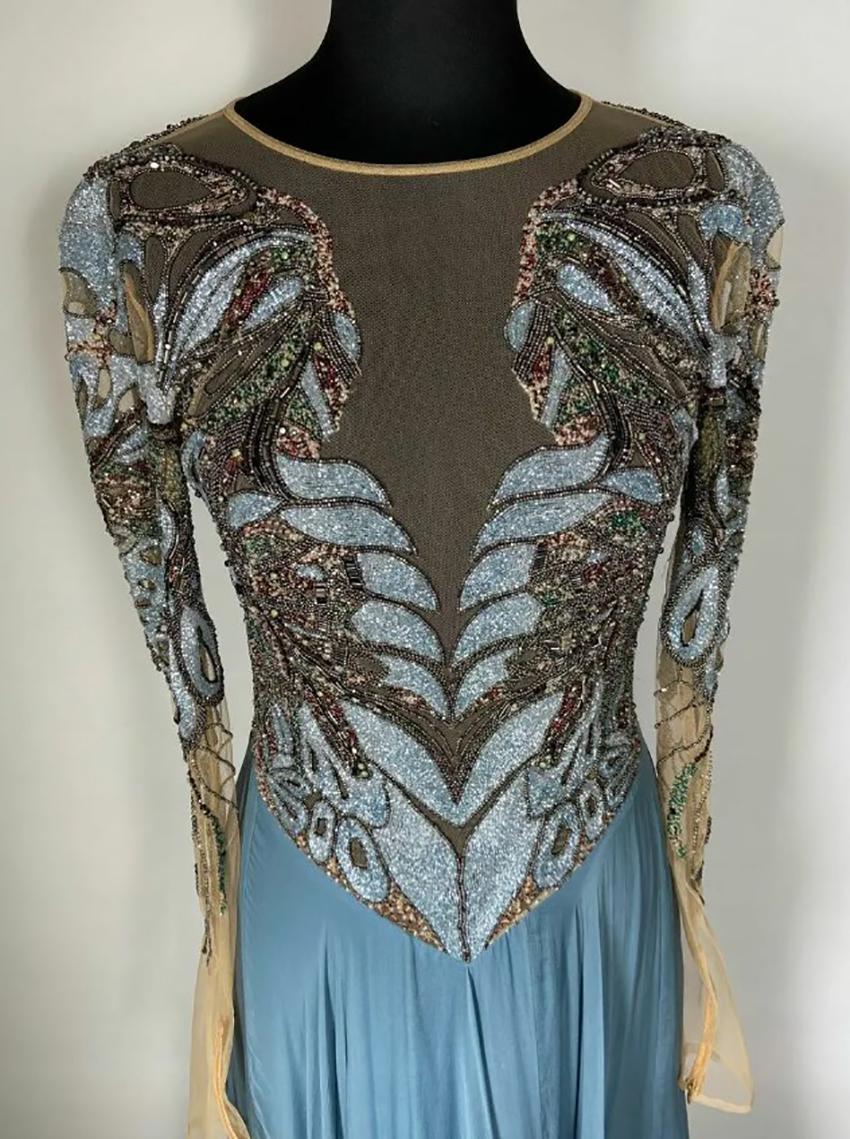 Women's ZUHAIR MURAD EMBELLISHED BLUE CHIFFON LONG GOWN DRESS Sz IT 38 For Sale