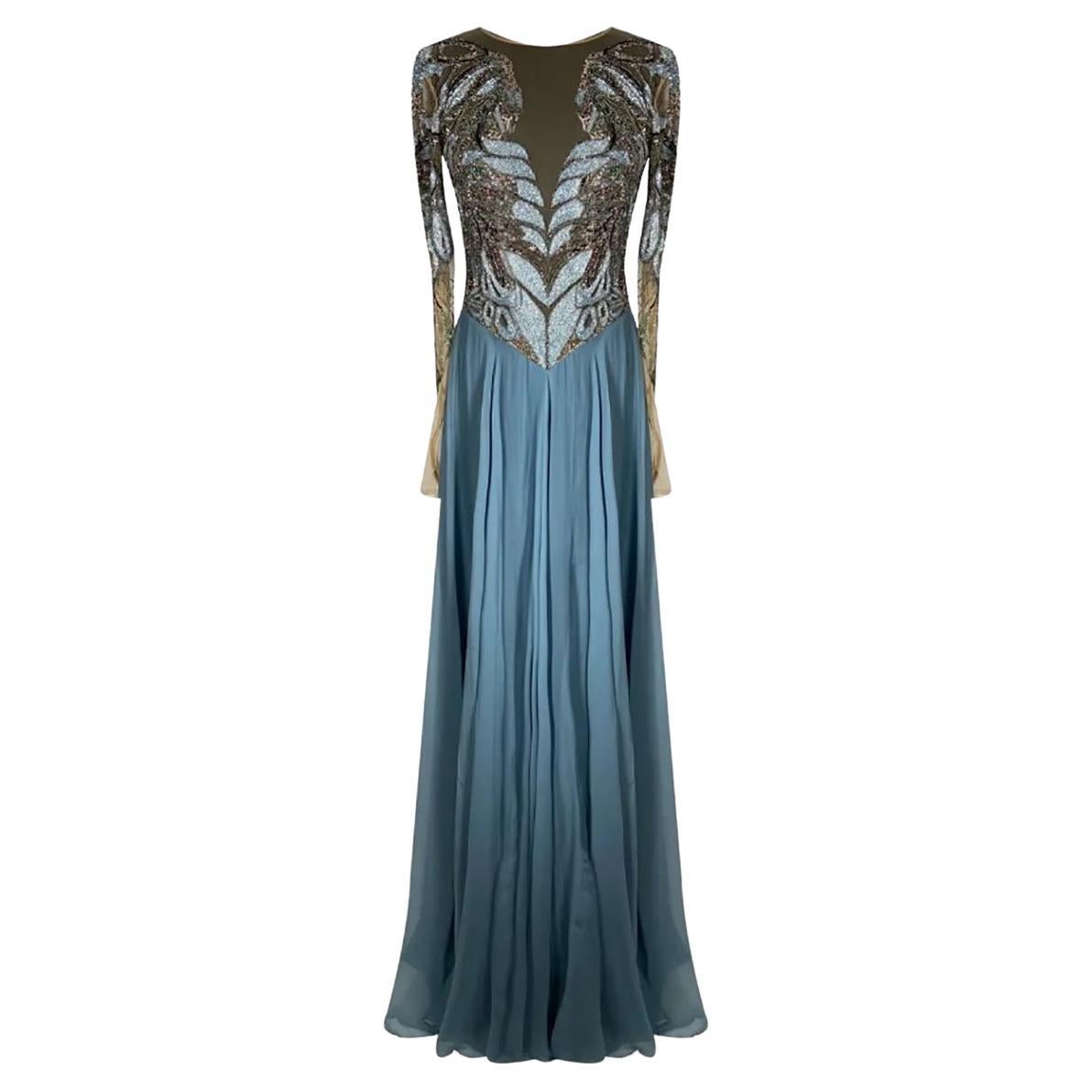 ZUHAIR MURAD EMBELLISHED BLUE CHIFFON LONG GOWN DRESS Sz IT 38 For Sale