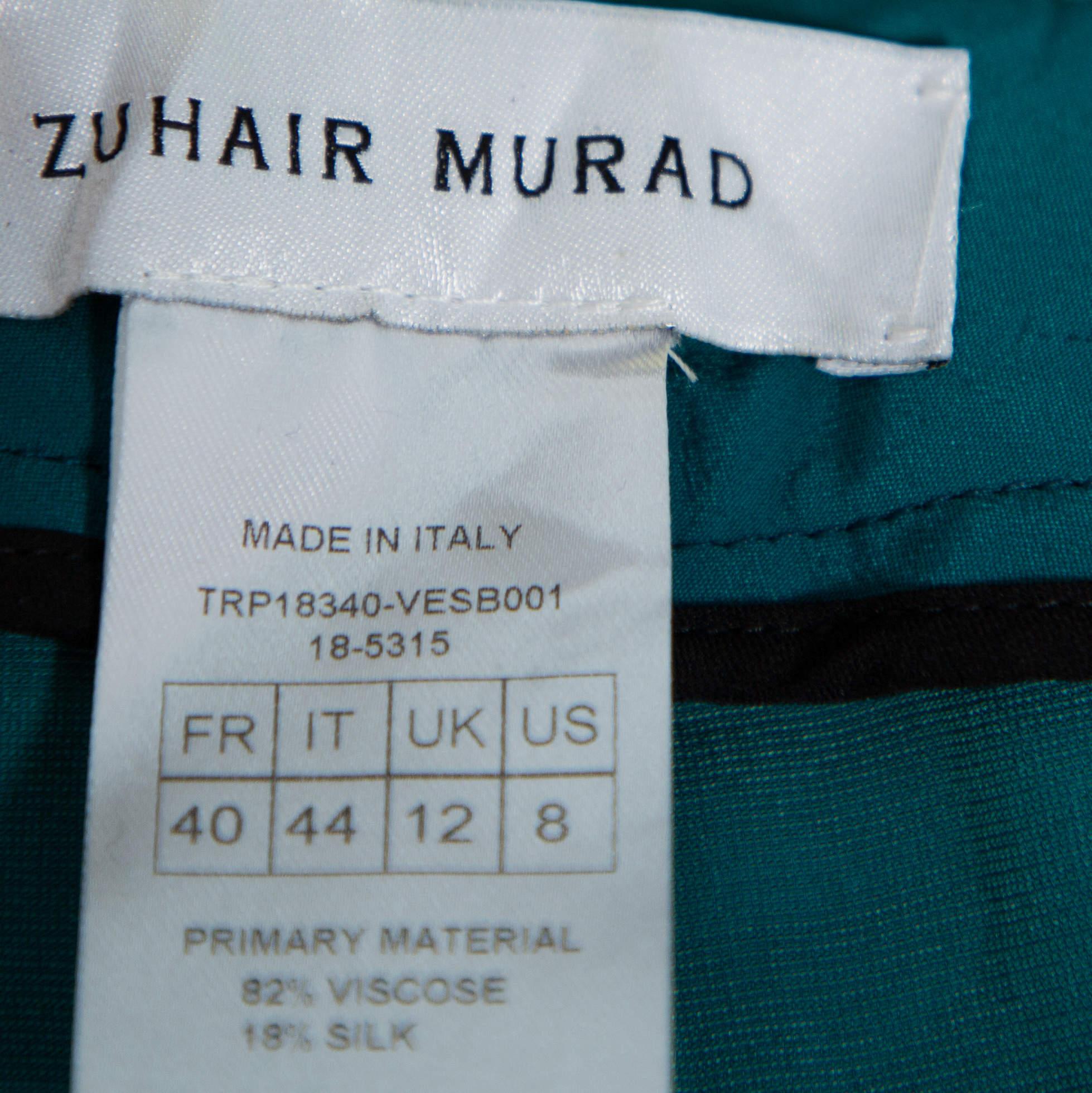 Zuhair Murad Green Velvet Contrast Trim Detail Wide Leg Pants M For Sale 1