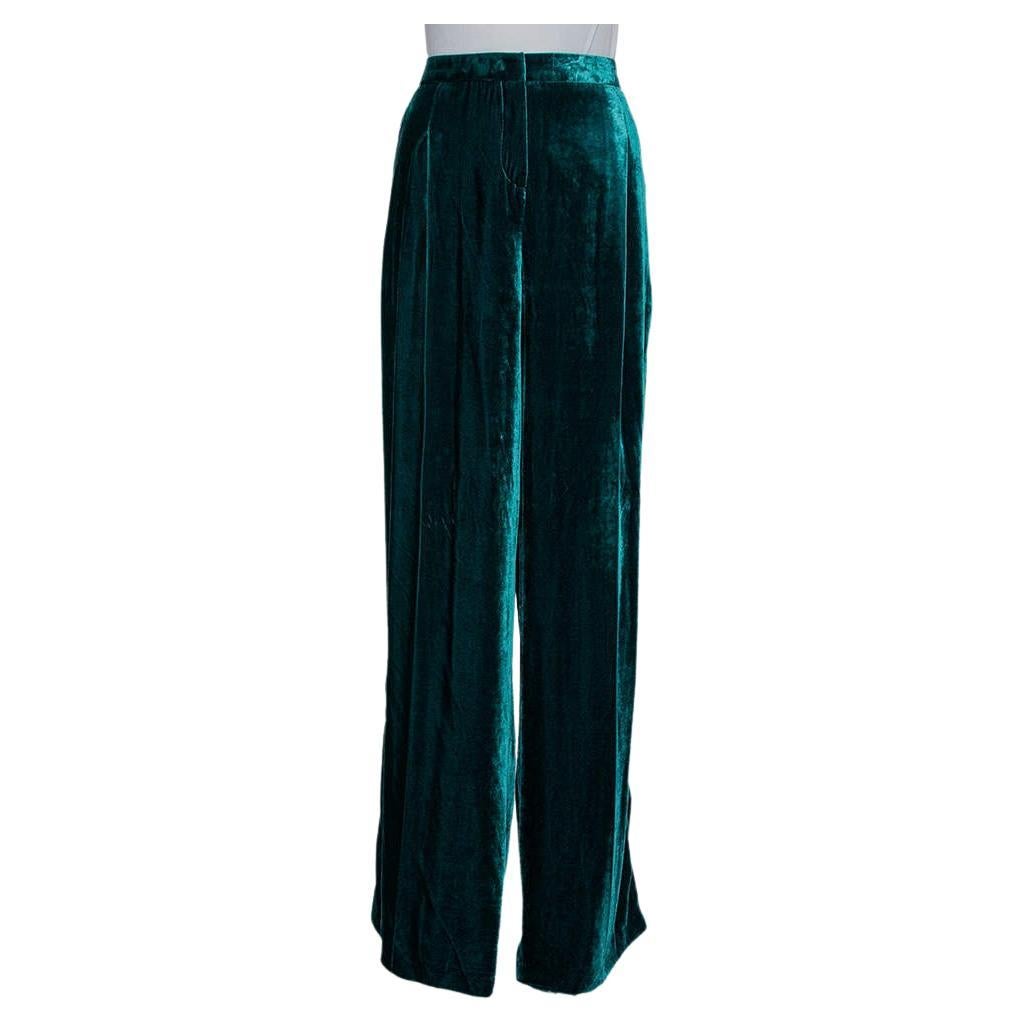 Zuhair Murad Green Velvet Contrast Trim Detail Wide Leg Pants M For Sale