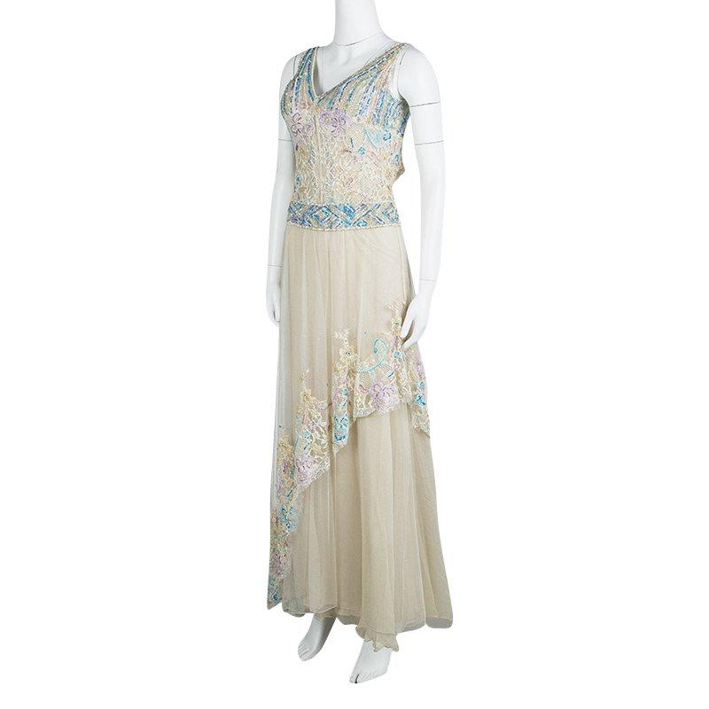 Zuhair Murad Haute Couture Beige Contrast Embellished Sleeveless Gown In Good Condition In Dubai, Al Qouz 2