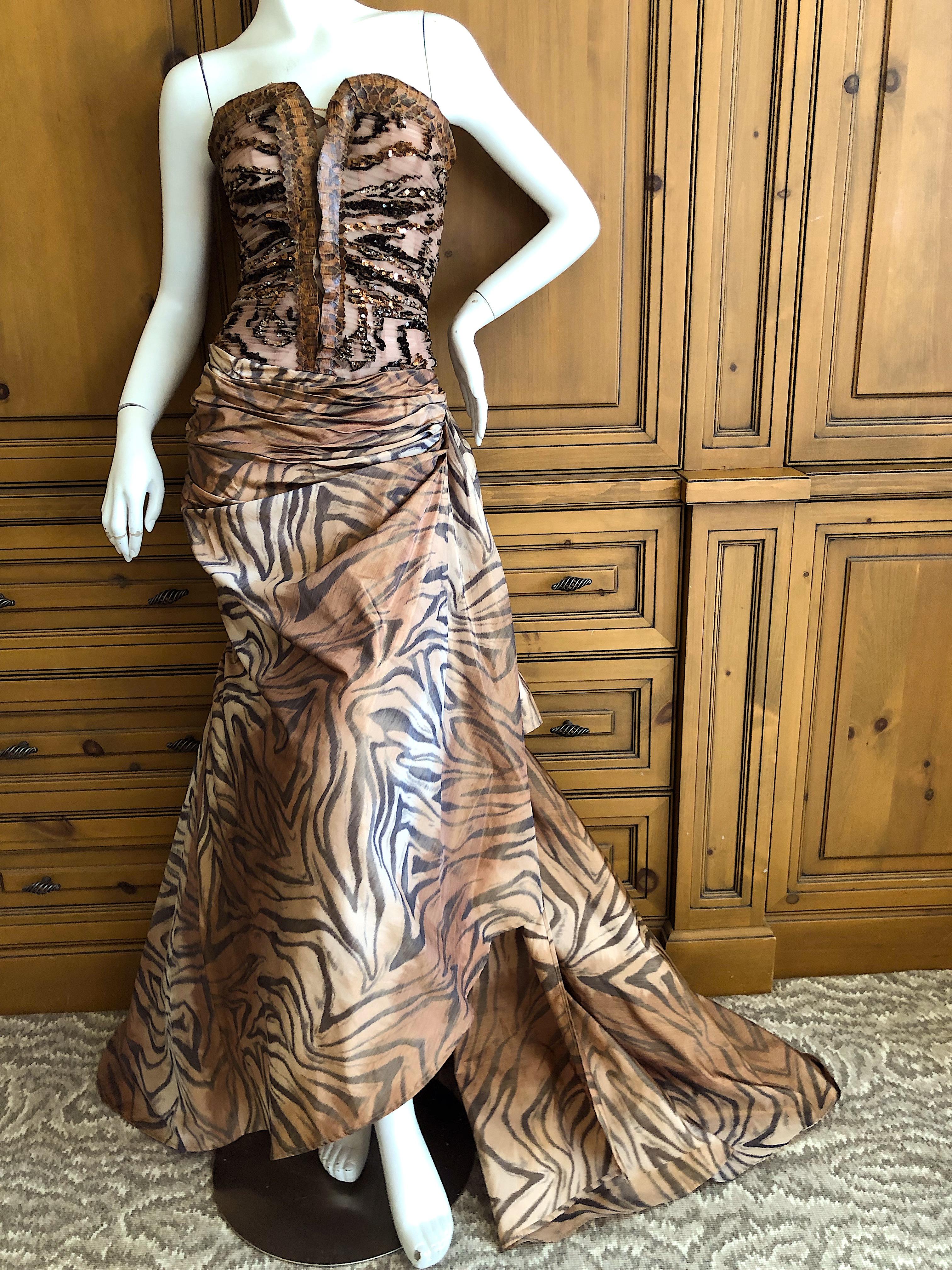 Zuhair Murad Haute Couture VIntage Tiger Print Silk Evening Gown w Inner Corset In Excellent Condition For Sale In Cloverdale, CA