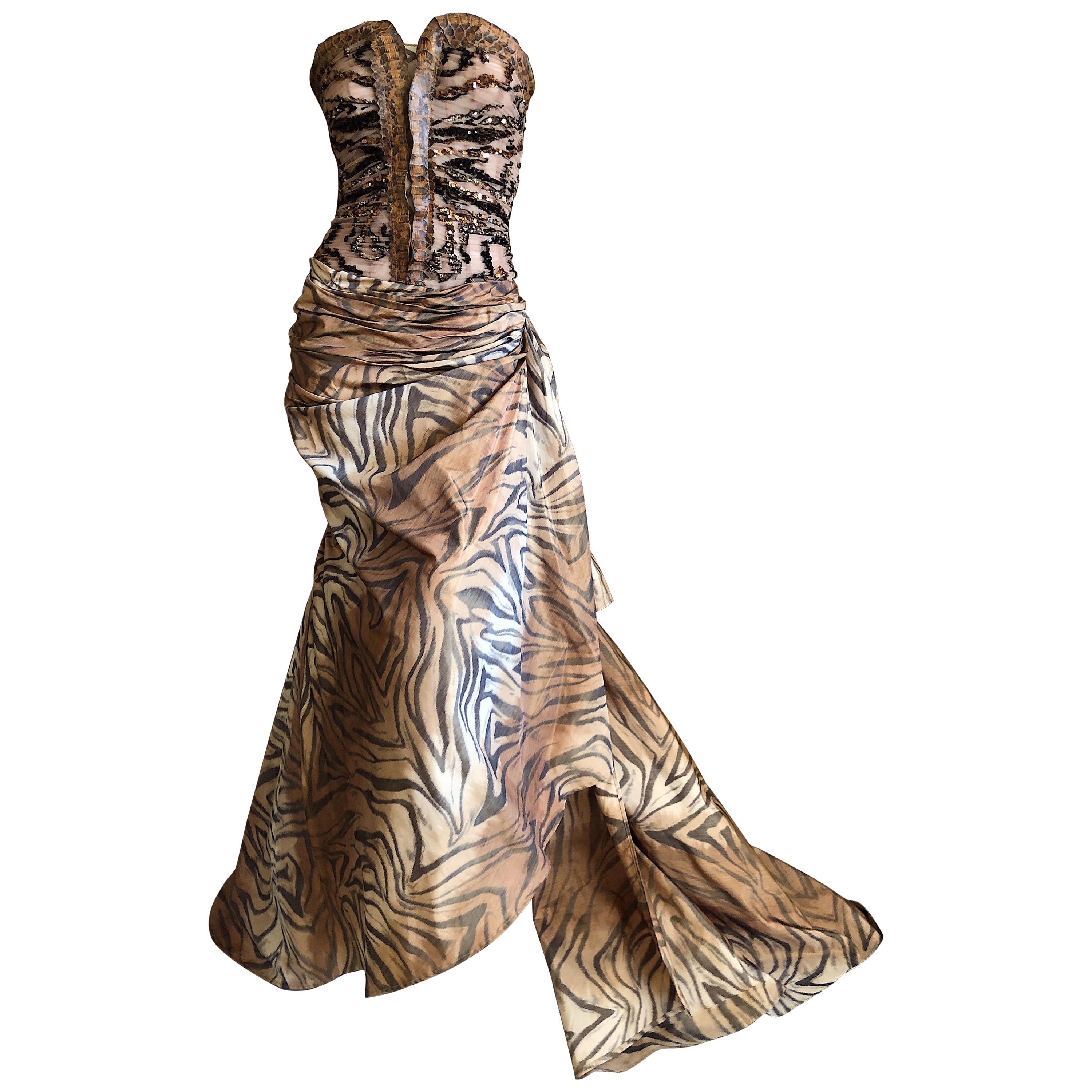 Zuhair Murad Haute Couture VIntage Tiger Print Silk Evening Gown w Inner Corset For Sale