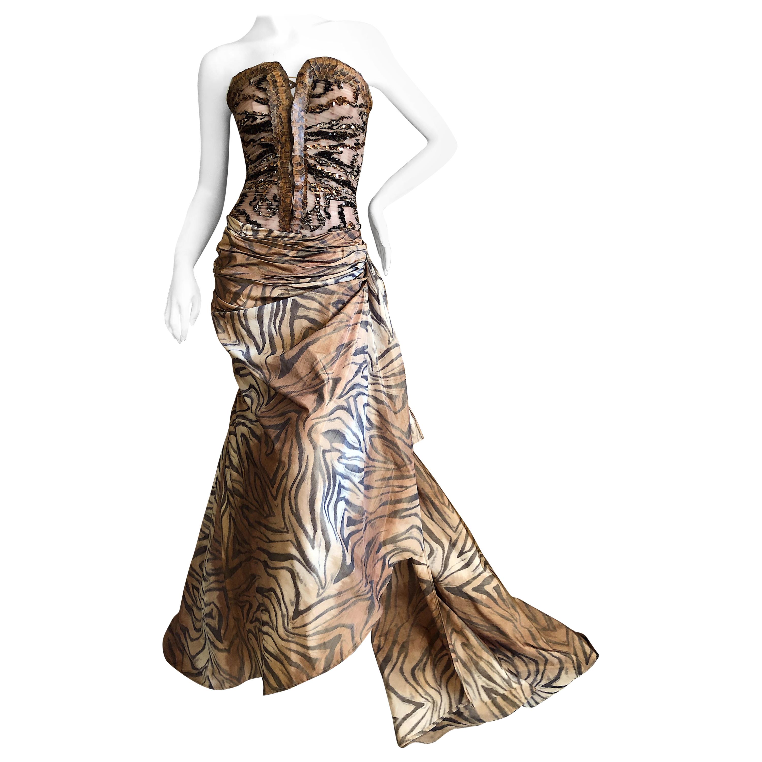 Zuhair Murad Haute Couture VIntage Tiger Print Silk Evening Gown w Inner Corset For Sale