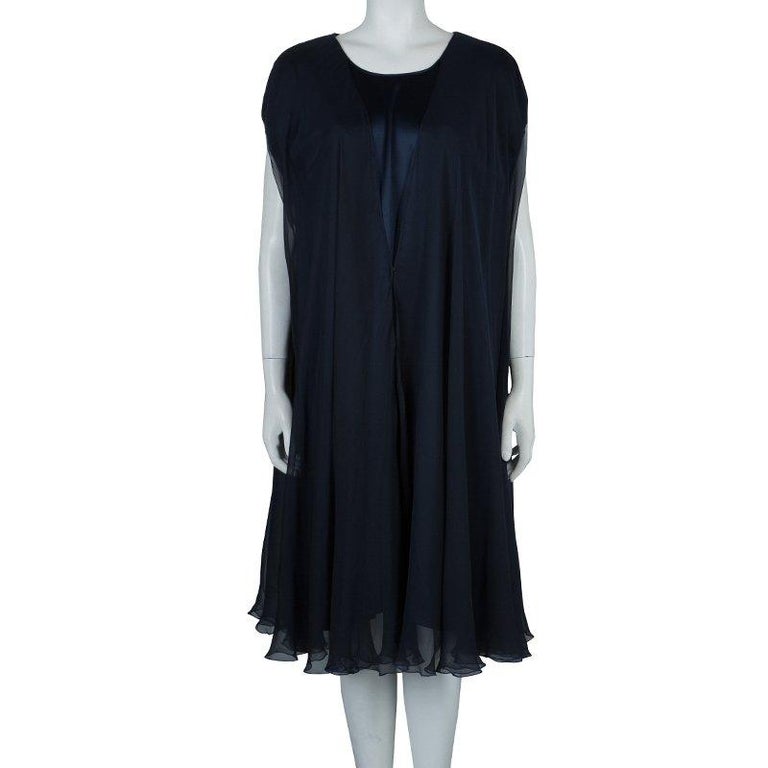 Zuhair Murad Navy Blue Chiffon Overlay Cape Dress L For Sale at 1stDibs