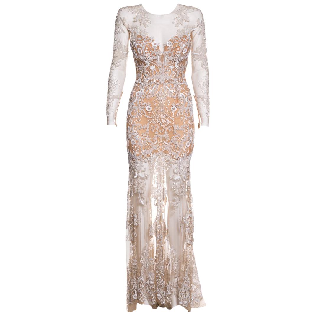ZUHAIR MURAD  Nude Mesh 
Sequin Embellished Gown SZ 4 For Sale