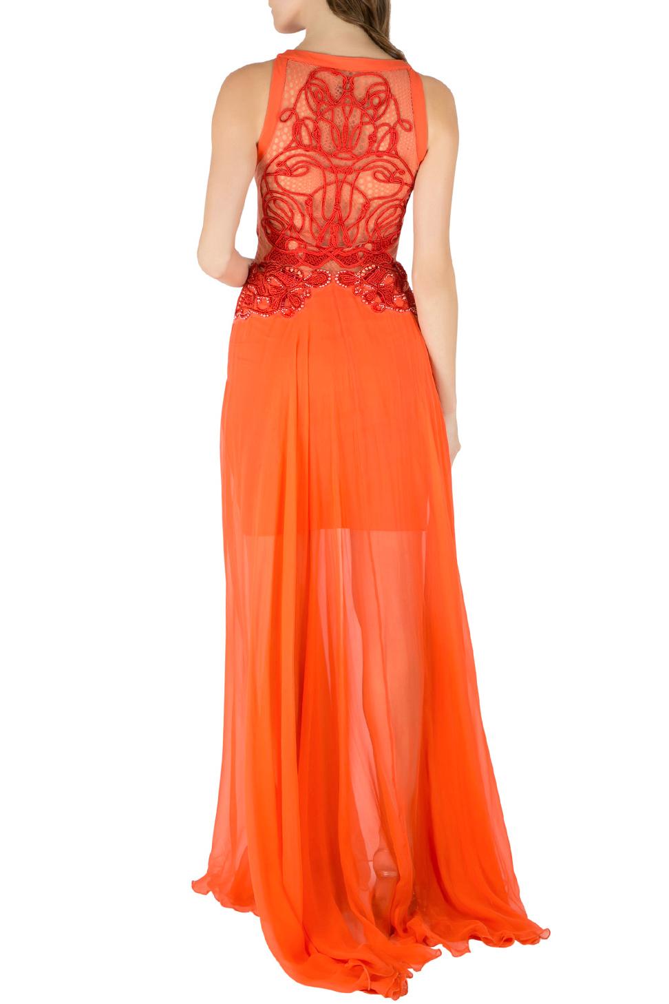 Look your best in this bright orange creation from the house of Zuhair Murad. The gown carries beautiful embellishments and embroidery on the bodice and a flowy, partially-lined skirt. It can be made more alluring by adding the right kind of