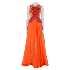 Used Zuhair Murad Orange Silk Chiffon Embellished Bodice Gown S