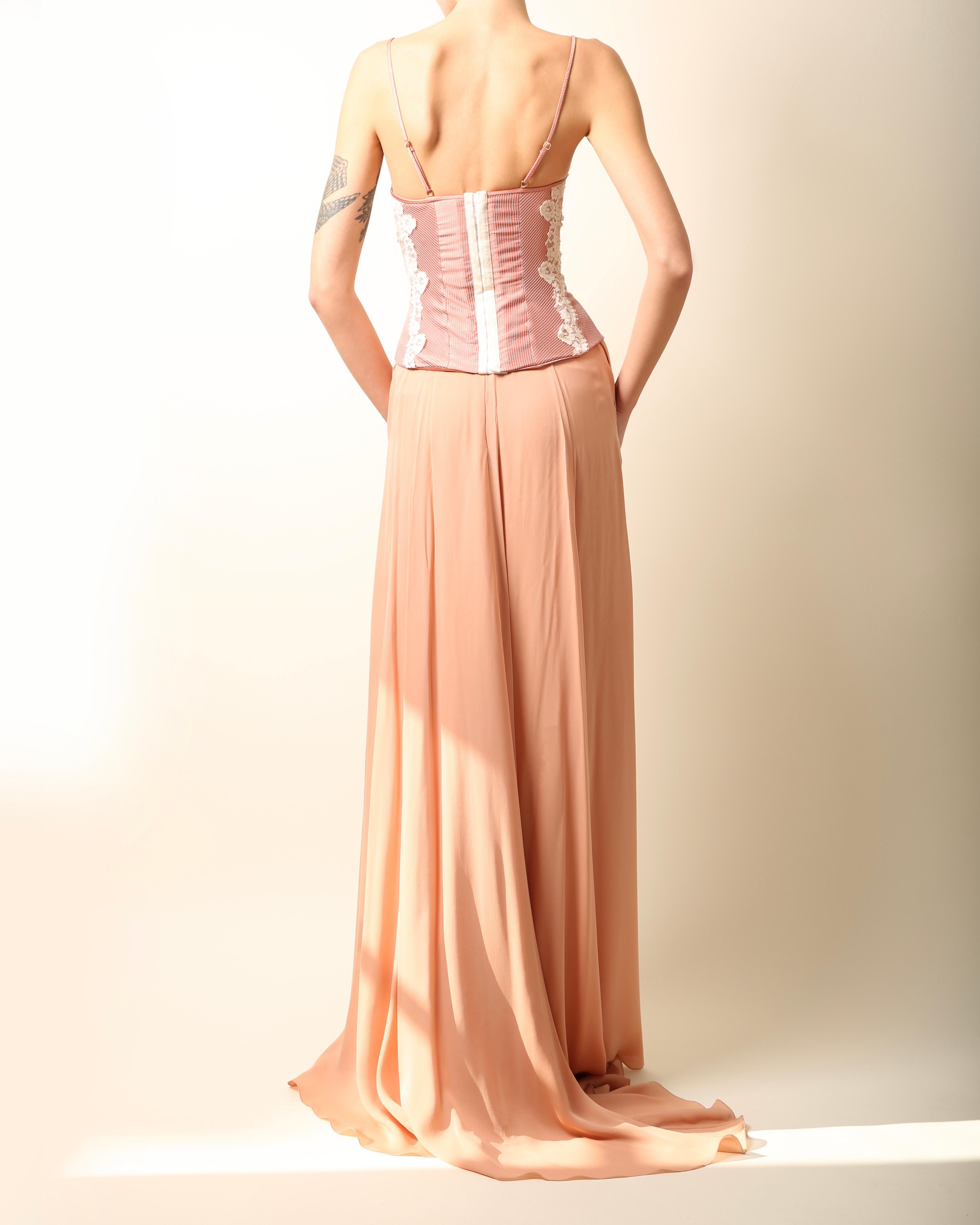 Zuhair Murad pink white lace floral bustier corset top & silk maxi flowing skirt 2