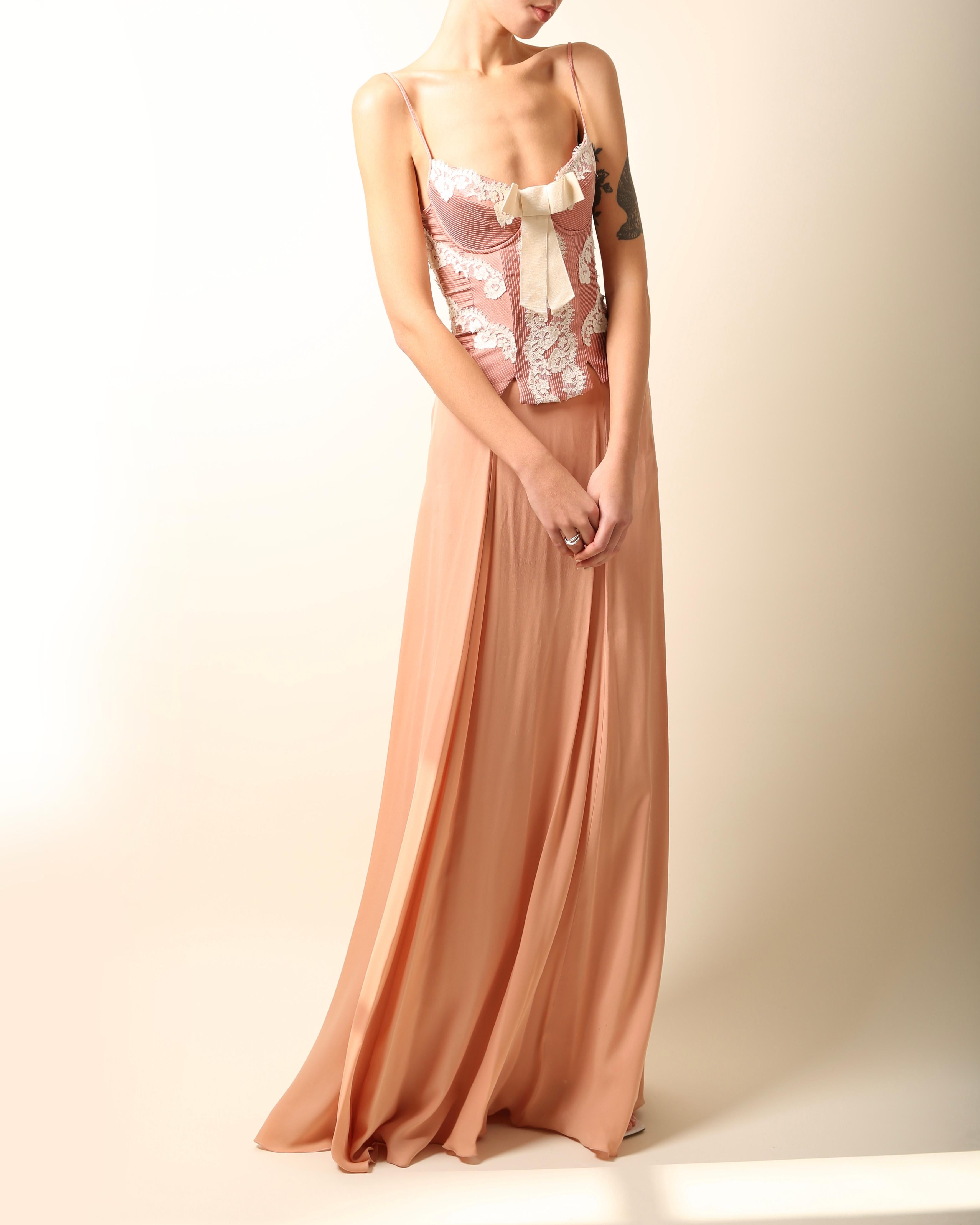 Orange Zuhair Murad pink white lace floral bustier corset top & silk maxi flowing skirt