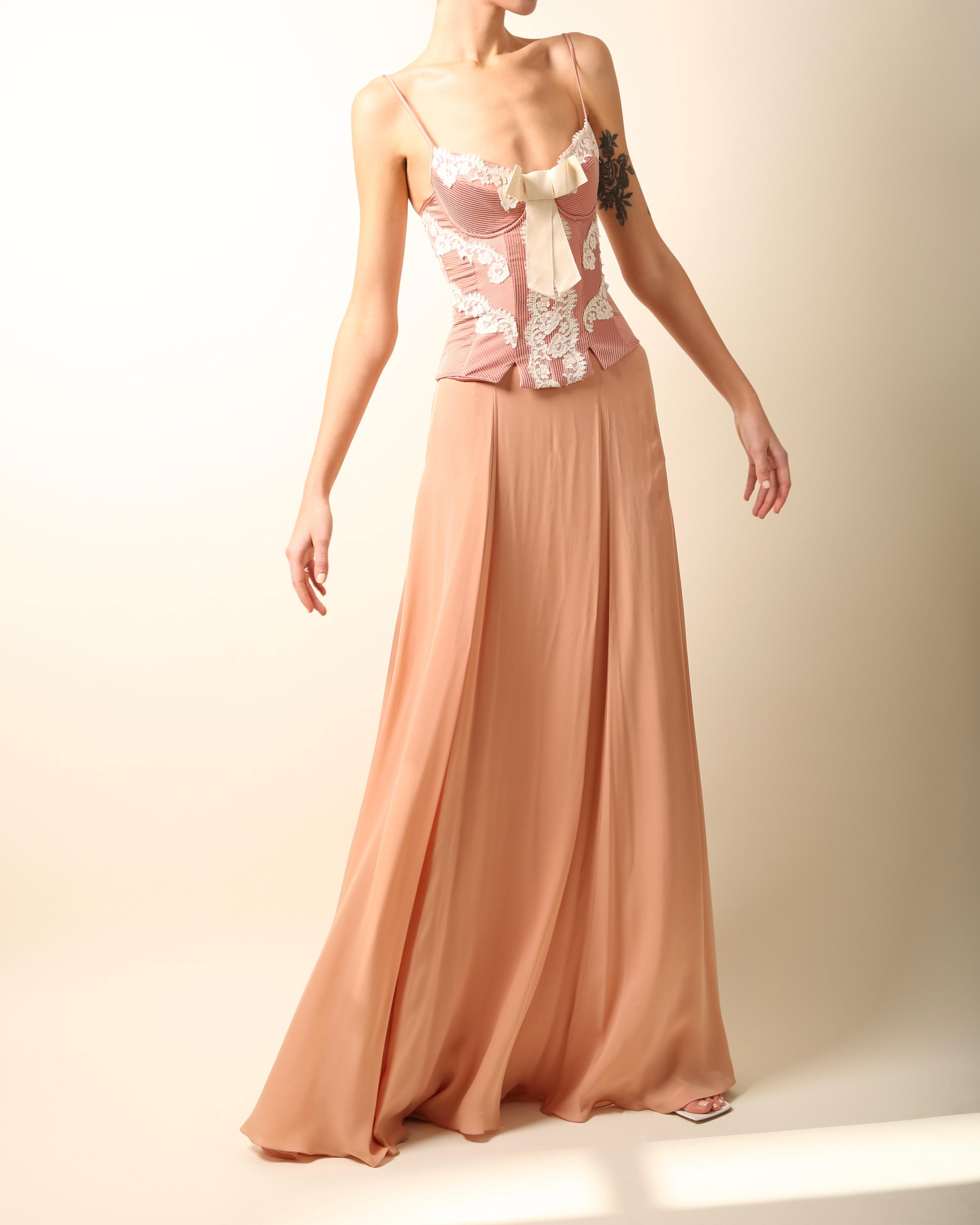 Zuhair Murad pink white lace floral bustier corset top & silk maxi flowing skirt In Excellent Condition In Paris, FR