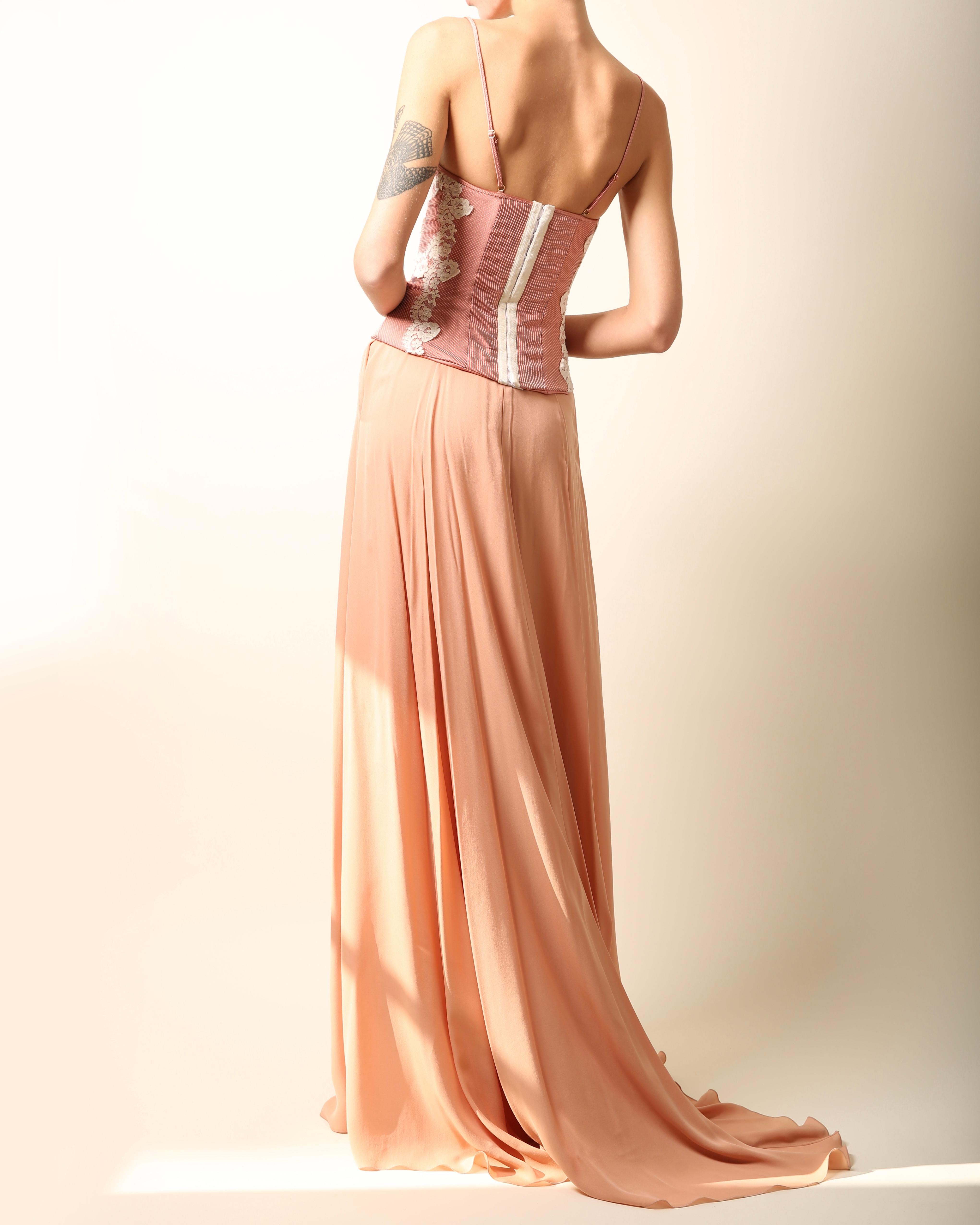 Zuhair Murad pink white lace floral bustier corset top & silk maxi flowing skirt 1