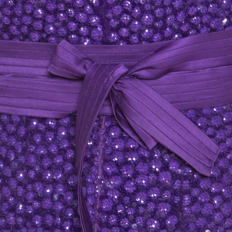Zuhair Murad Purple Sequin Embellished Mesh Tulle Bottom Long Sleeve Gown L In Good Condition In Dubai, Al Qouz 2
