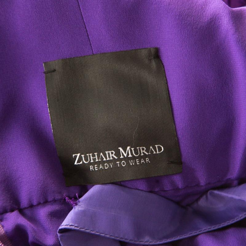 Women's Zuhair Murad Purple Sequin Embellished Mesh Tulle Bottom Long Sleeve Gown L