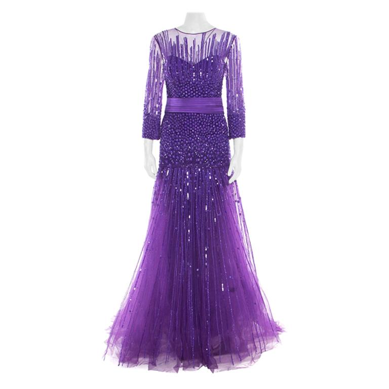 Zuhair Murad Purple Sequin Embellished Mesh Tulle Bottom Long Sleeve Gown L