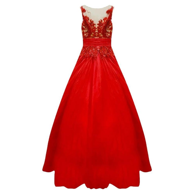 ZUHAIR MURAD RED EMBELLISHED BALL GOWN DRESS size IT 38 2 For Sale at