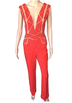 Zuhair Murad Resort 2015 Runway Plunged Sheer Tulle Cutout Red Romper Jumpsuit (Combinaison)
