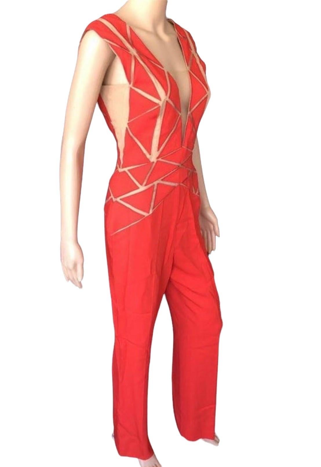 Zuhair Murad Resort 2015 Runway Plunged Sheer Tulle Cutout Red Romper Jumpsuit In Excellent Condition For Sale In Naples, FL