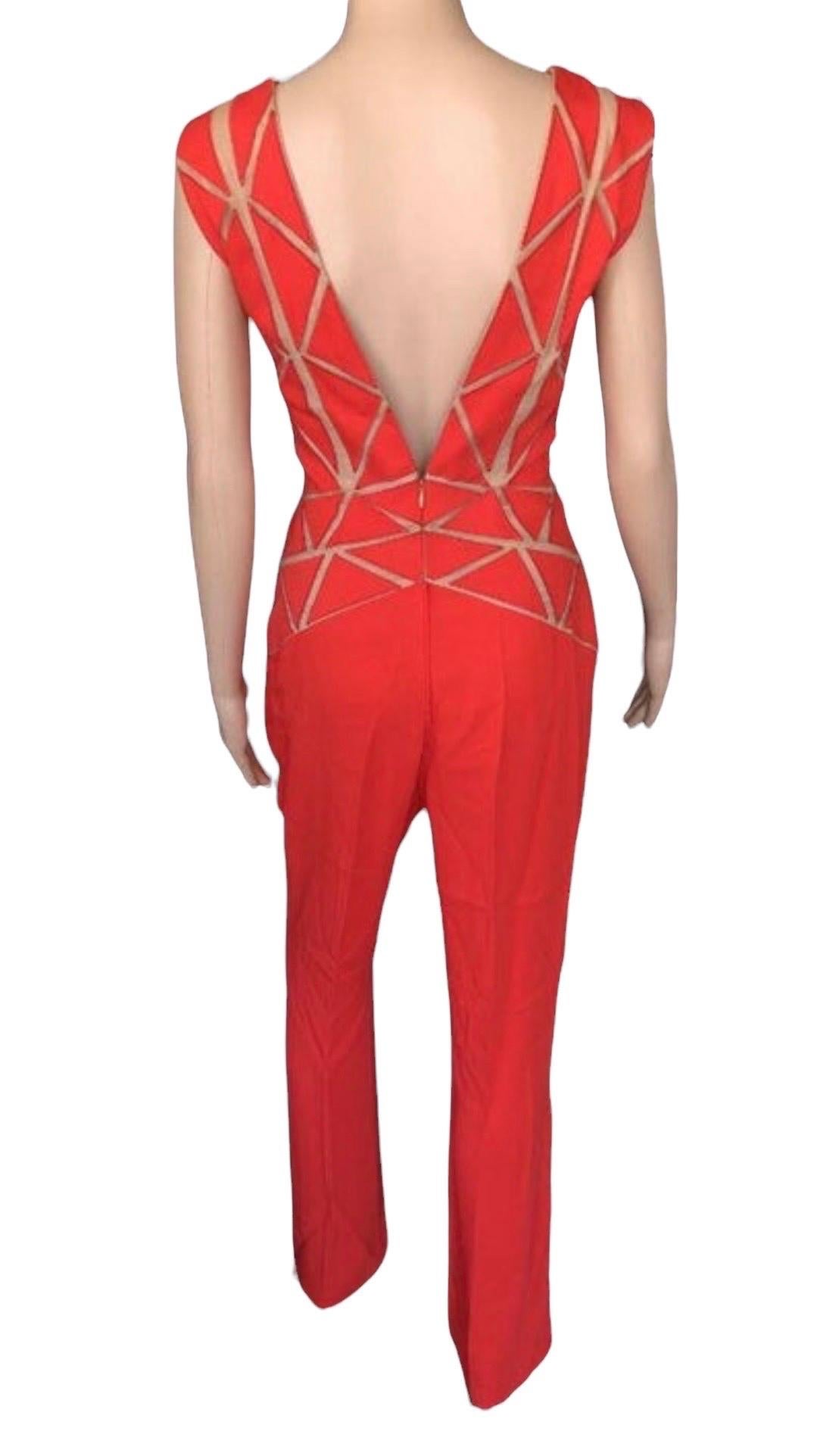 Women's Zuhair Murad Resort 2015 Runway Plunged Sheer Tulle Cutout Red Romper Jumpsuit For Sale