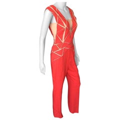 Zuhair Murad Resort 2015 Runway Plunged Sheer Tulle Cutout Red Romper Jumpsuit