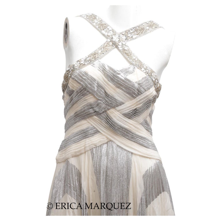 Zuhair Murad, Silver Metallic Chevron Gown Braided Bodice Rhinestone Cross-strap