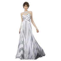 ZUHAIR MURAD, Silver Metallic Chevron Gown Braided Bodice Rhinestone Cross-Strap