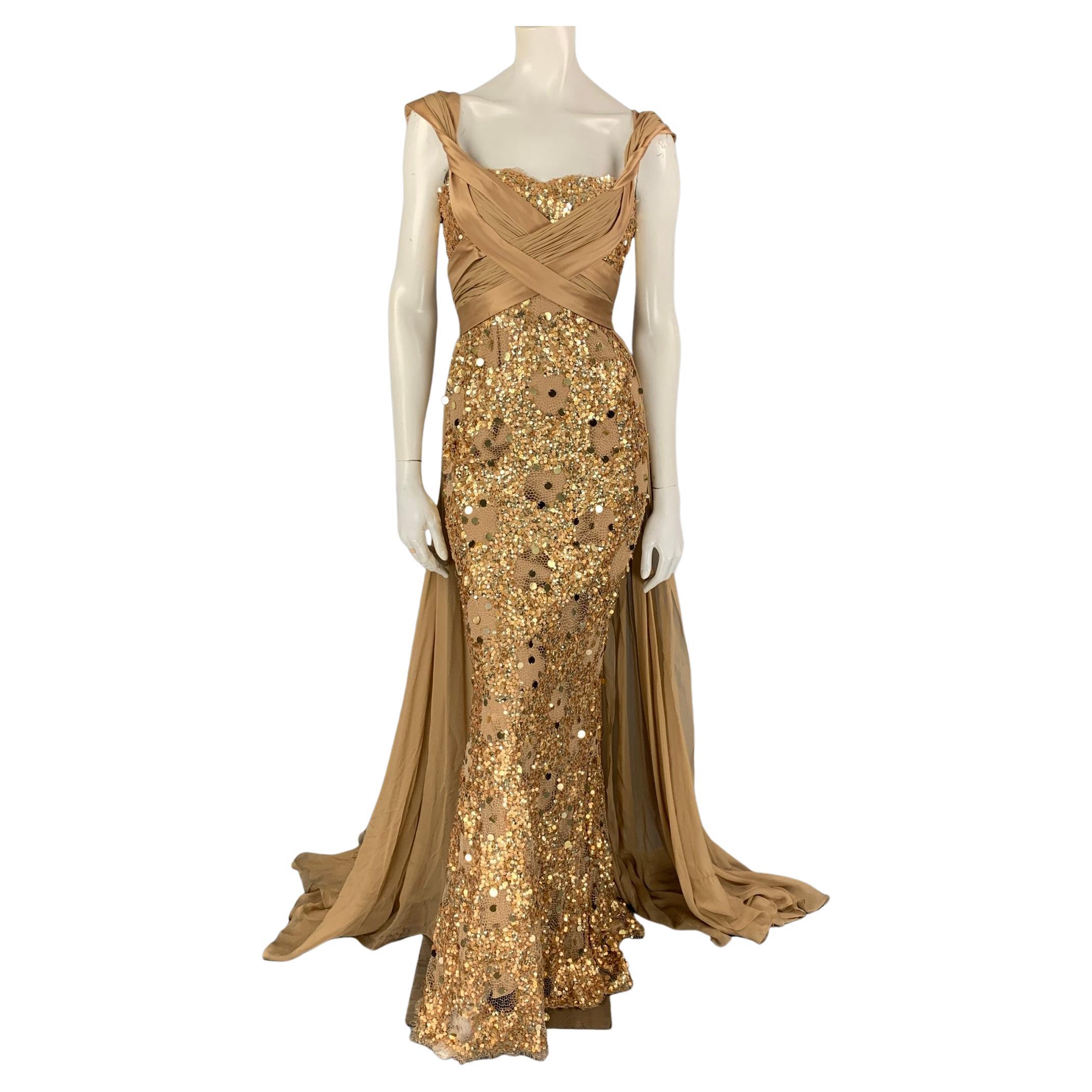 ZUHAIR MURAD Size 4 Beige & Gold Sequined Silk Blend Gown