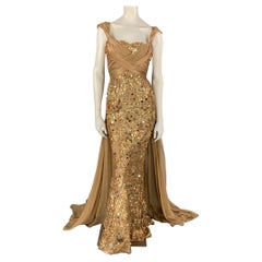 Used ZUHAIR MURAD Size 4 Beige & Gold Sequined Silk Blend Gown