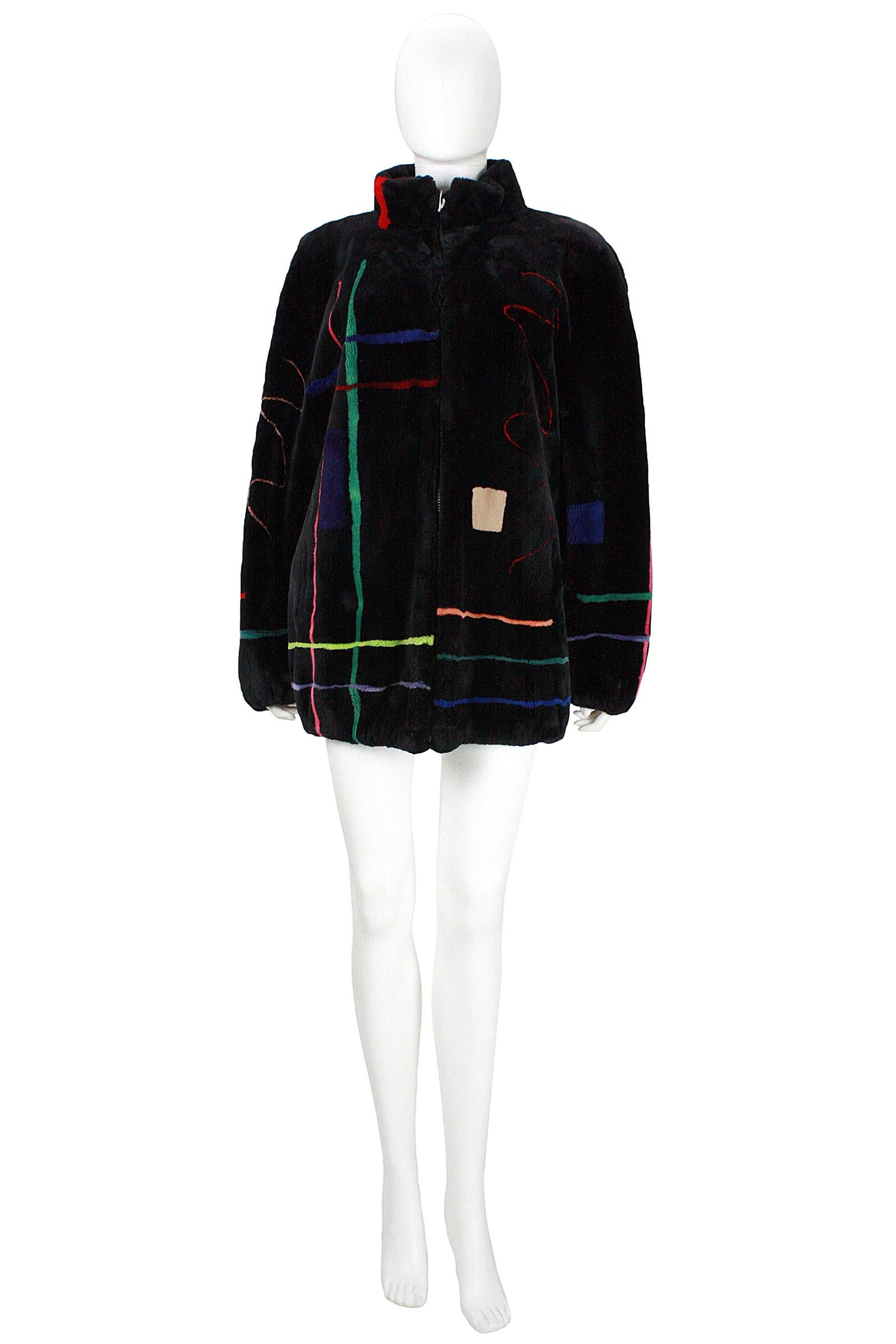 Zuki Black with Multicolor Line Pattern Sheared Beaver Fur Coat 4