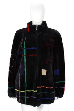 Zuki Black with Multicolor Line Pattern Sheared Beaver Fur Coat