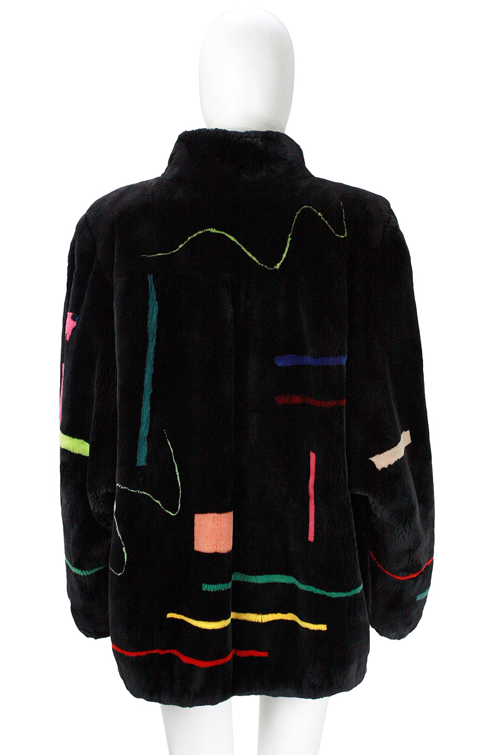 Zuki Black with Multicolor Line Pattern Sheared Beaver Fur Coat 1