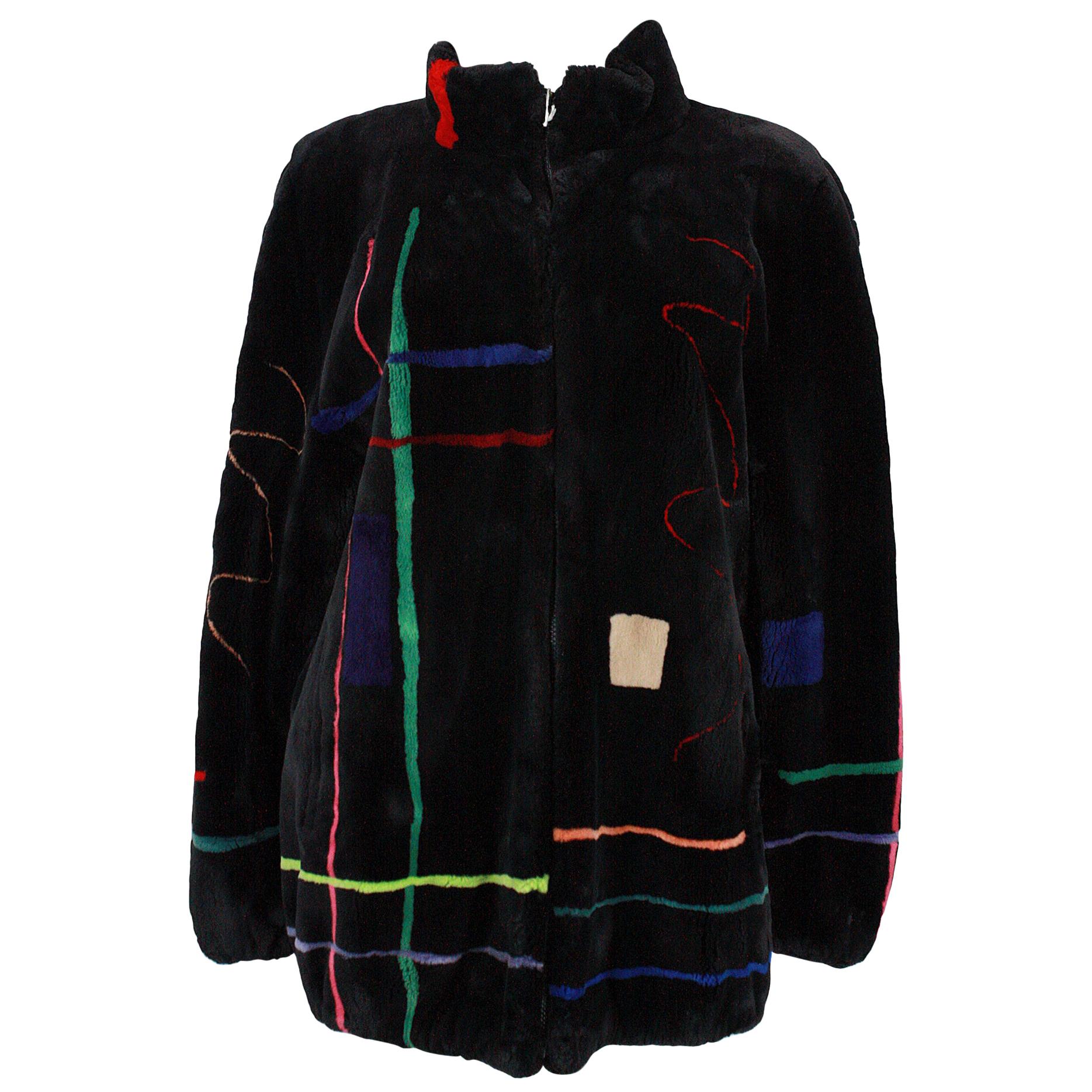 Zuki Black with Multicolor Line Pattern Sheared Beaver Fur Coat