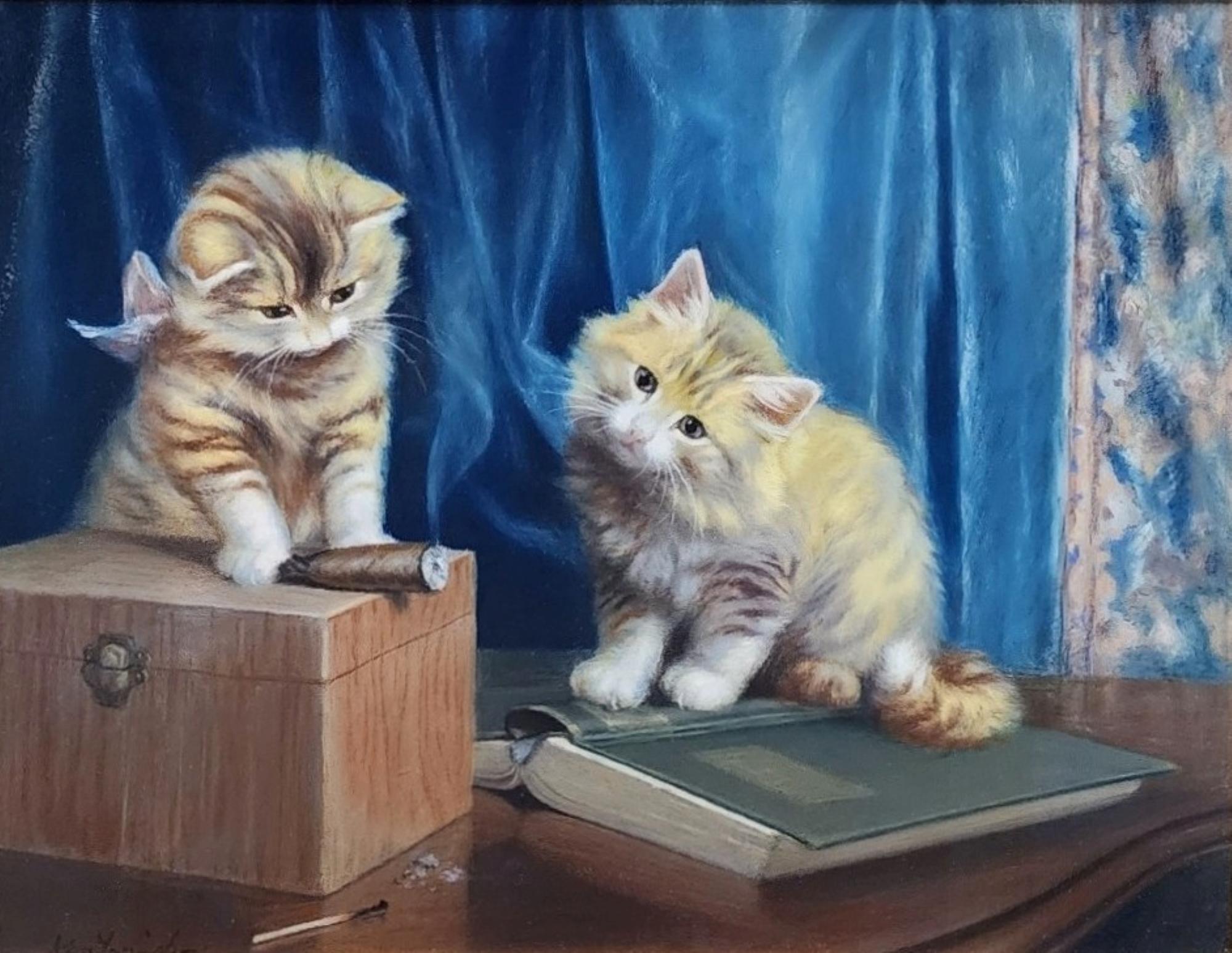 Kittens curieux, 1906 Pastel, Kitten, Cats, Peinture de chat ancien, animal de compagnie - Painting de Zula Kenyon