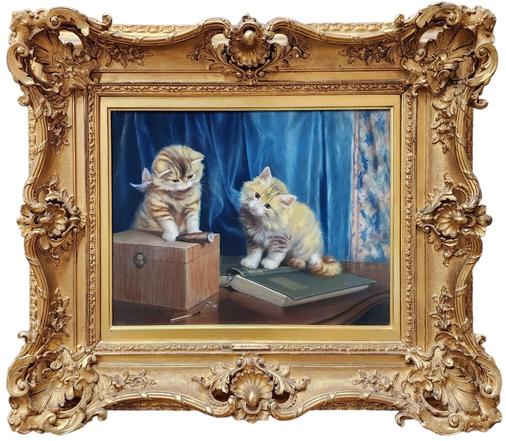 Zula Kenyon Animal Painting – Neugierige Kätzchen, 1906 Pastell, Kätzchen, Katzen, Antike Katzenmalerei, Haustier, Haustiere