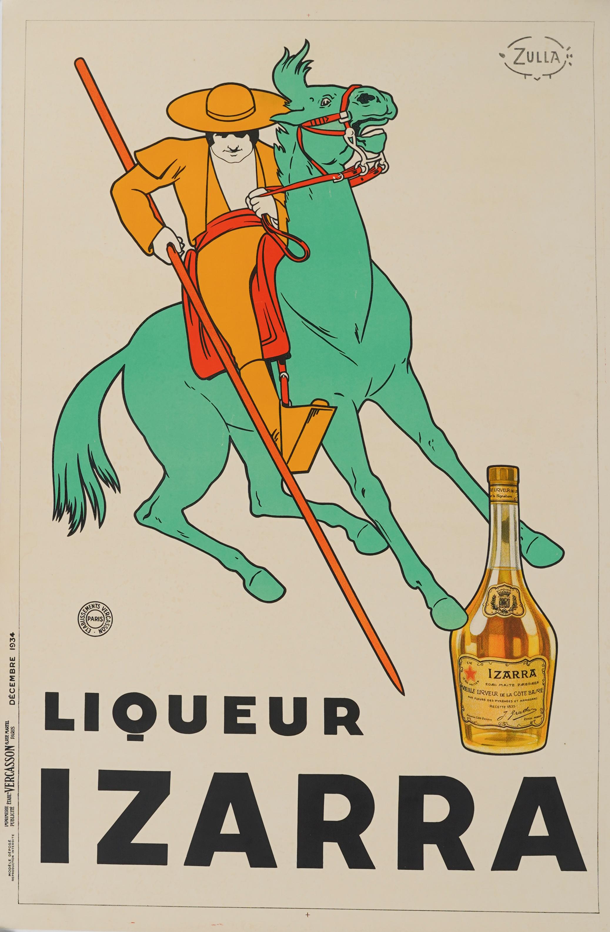 Zulla, Original-Vintage-Poster, Izarra Basque Likör, Pferd, Pyrenäen, 1934 (Art déco) im Angebot