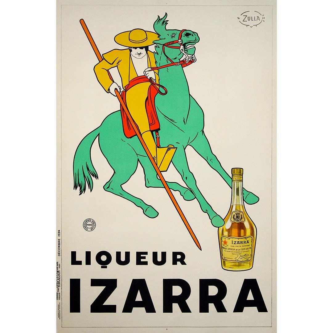 Original 1934 poster by the artist Zulla for the famous Basque liqueur Izarra. The composition features a striking green horse mounted by a bold figure in yellow and red traditional costume, holding a lance, with a bottle of Izarra prominently