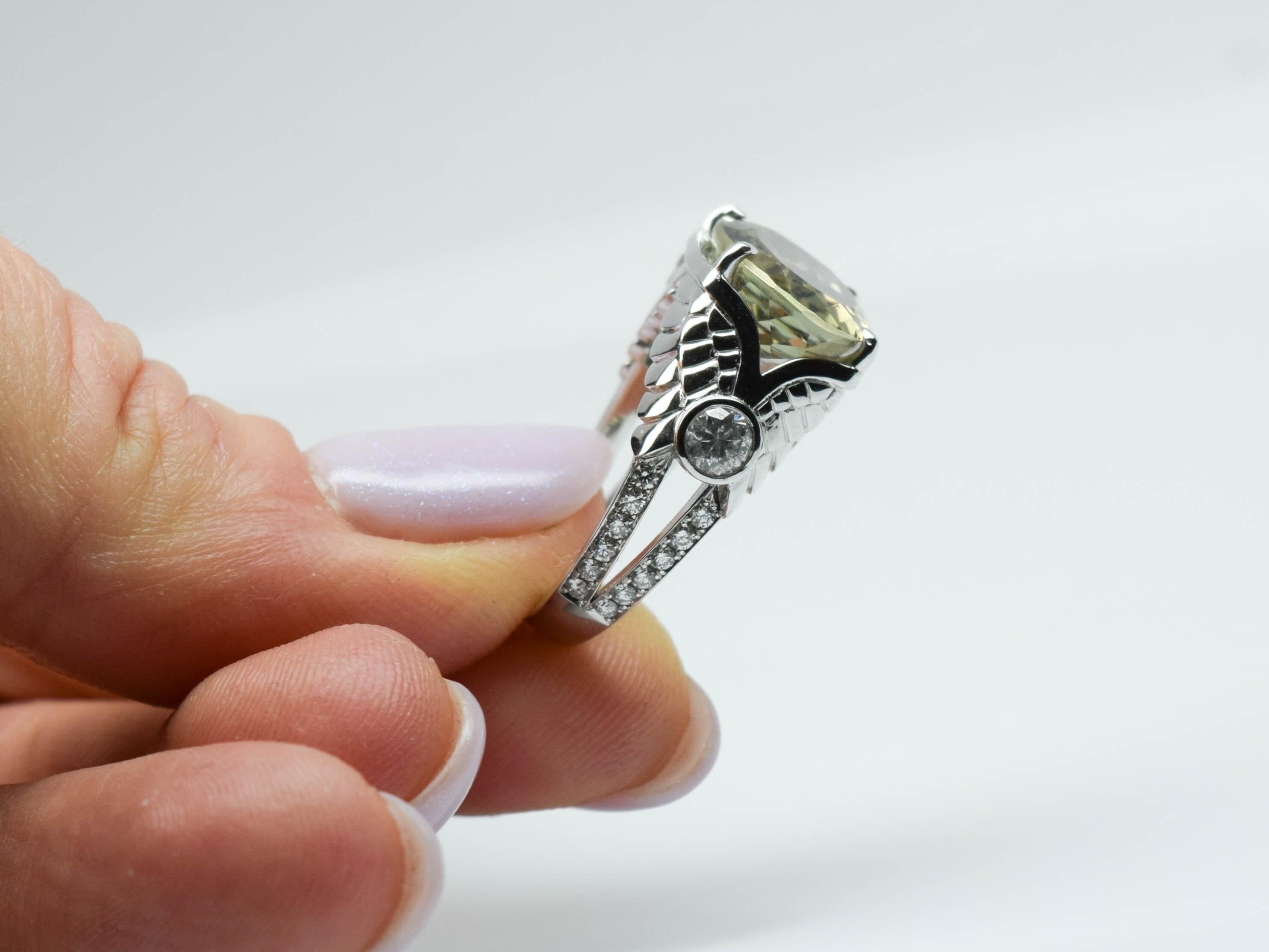 Cushion Cut Zultanite Diamond ring 18KT white gold Eagle Hand Engraved Ring Diaspore Sultani For Sale