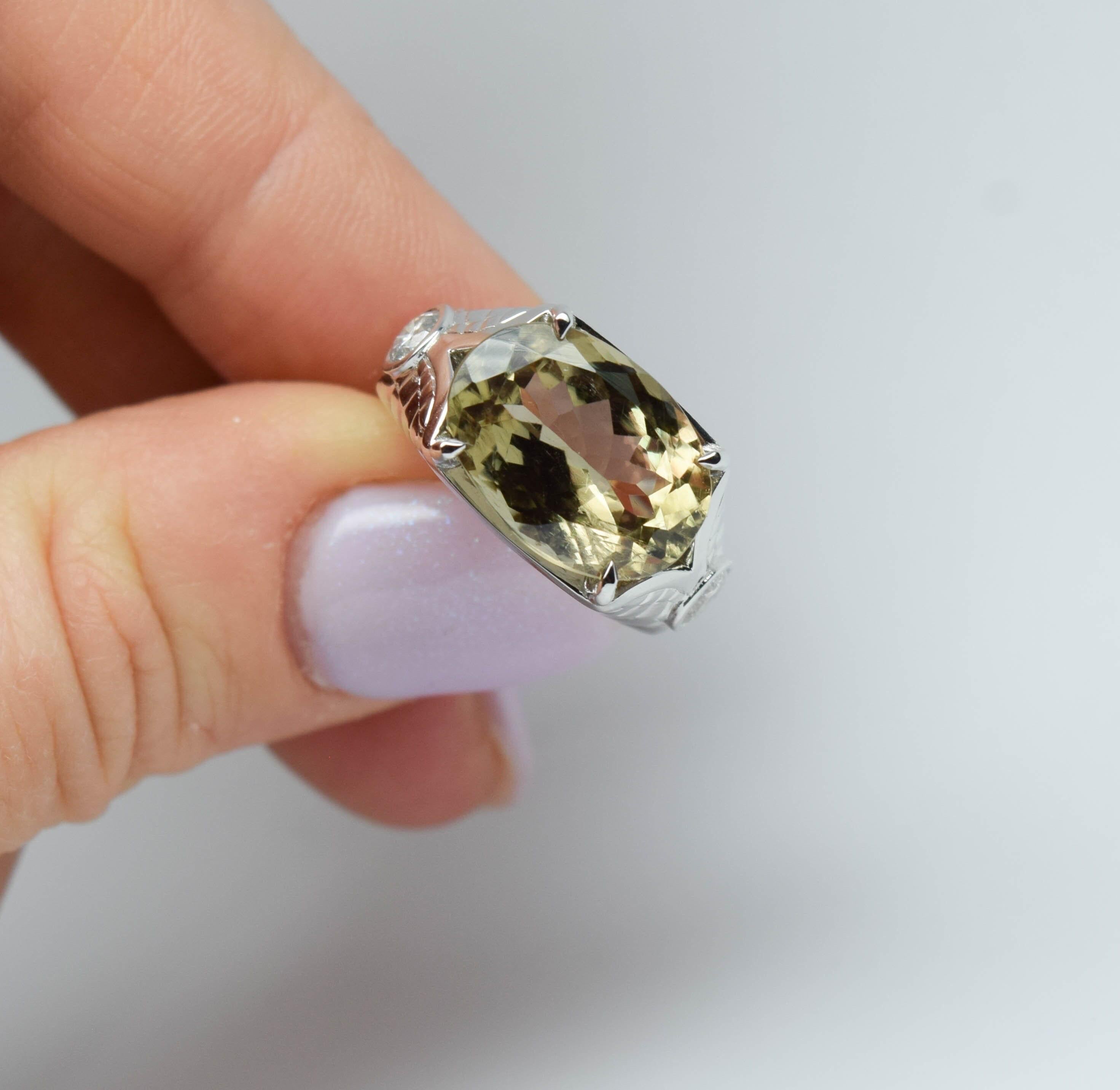 Women's or Men's Zultanite Diamond ring 18KT white gold Eagle Hand Engraved Ring Diaspore Sultani For Sale