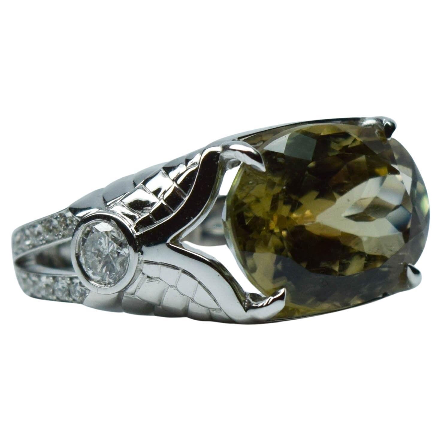 Zultanite Diamond ring 18KT white gold Eagle Hand Engraved Ring Diaspore Sultani For Sale