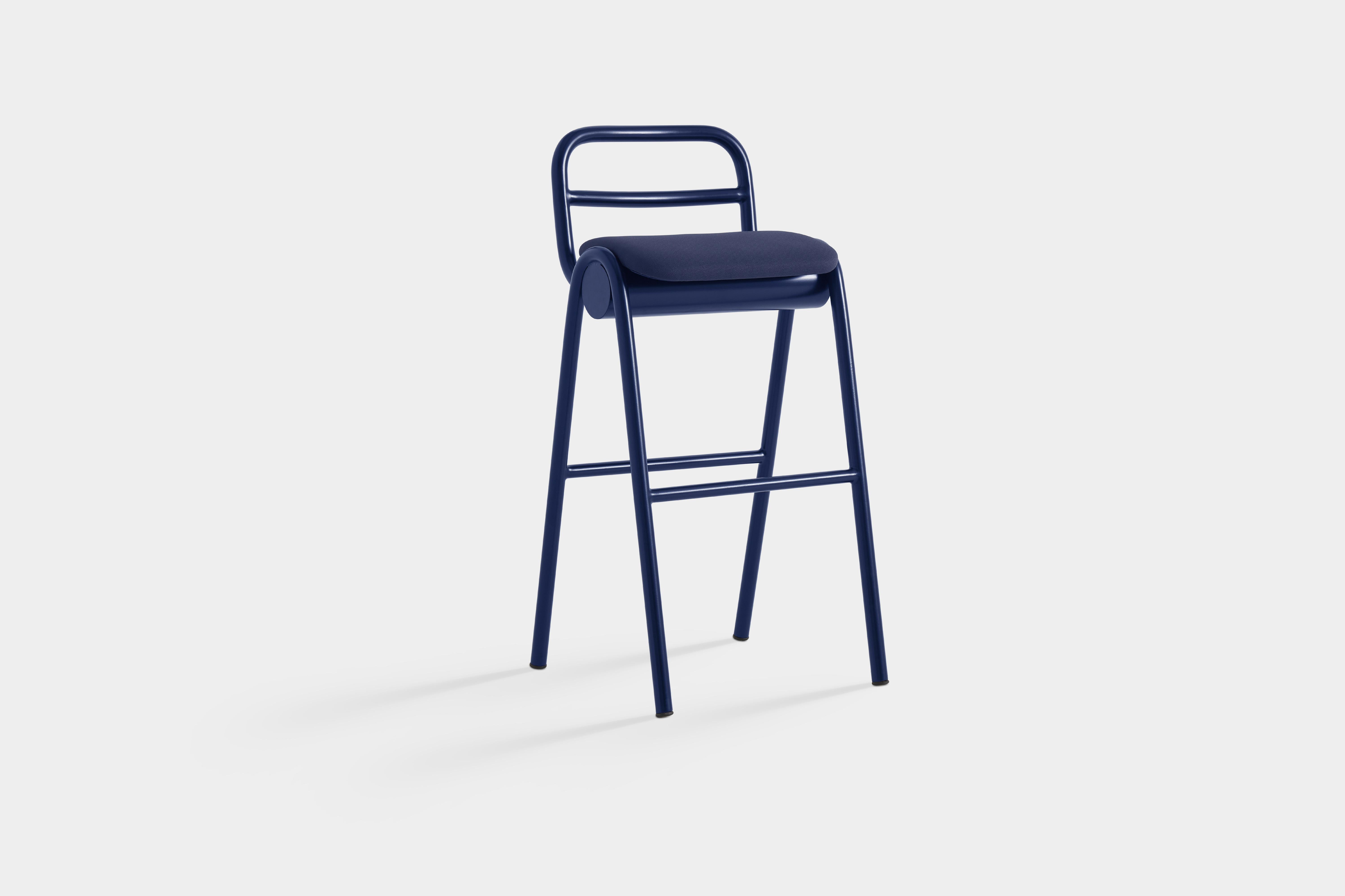 ZUM High Bar Stool With Backrest by Pepe Albargues
Designed By Carlos Jiménez. 
Dimensions: D 50 x W 49 x D 100 cm.
Materials: Aluminum, foam, plywood and upholstery.

Curved plywood seat. Aluminum structure lacquered any RAL color. Foam CMHR (high