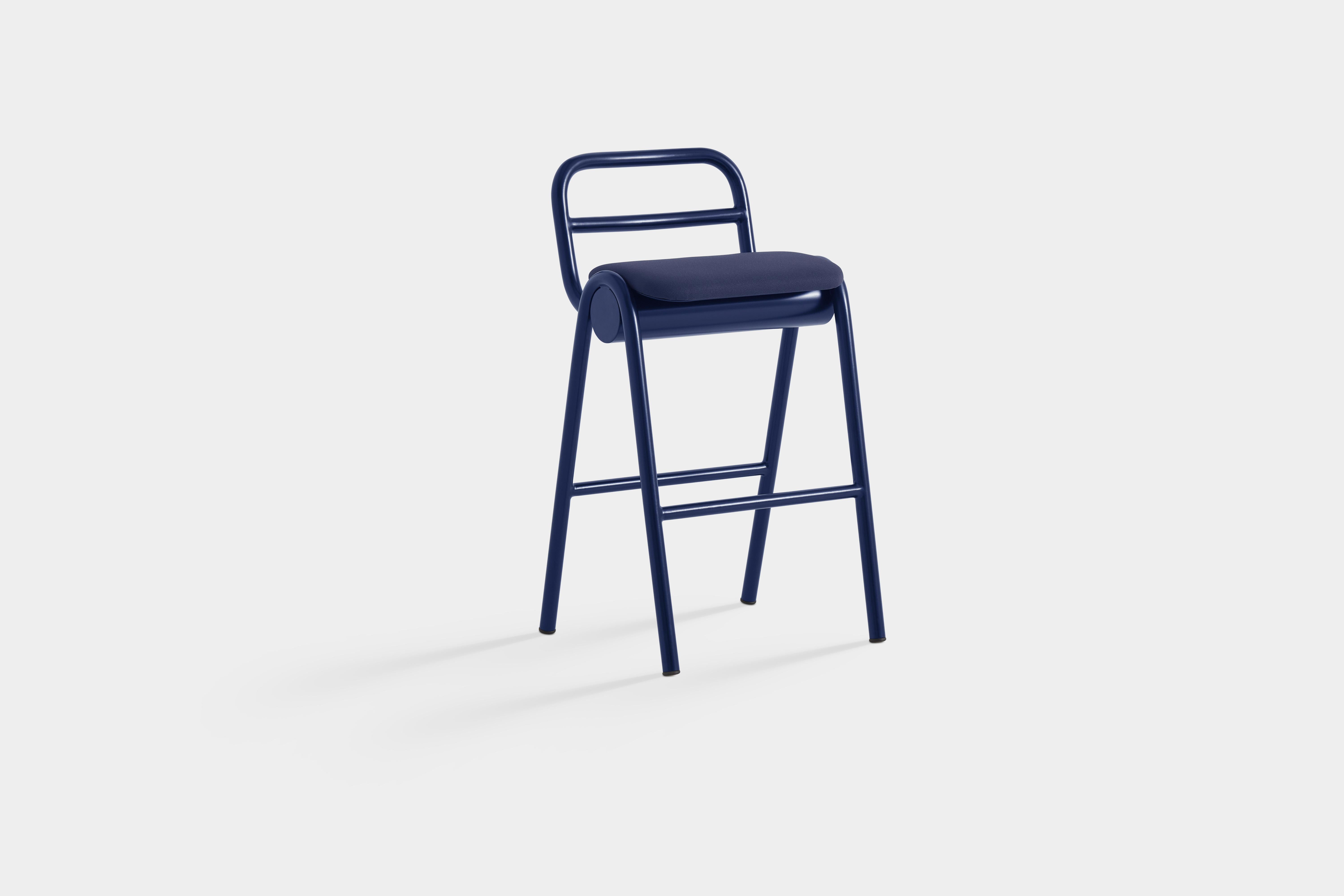 ZUM Low Bar Stool With Backrest by Pepe Albargues
Designed By Carlos Jiménez. 
Dimensions: D 49 x W 49 x D 89 cm.
Materials: Aluminum, foam, plywood and upholstery.

Curved plywood seat. Aluminum structure lacquered any RAL color. Foam CMHR (high